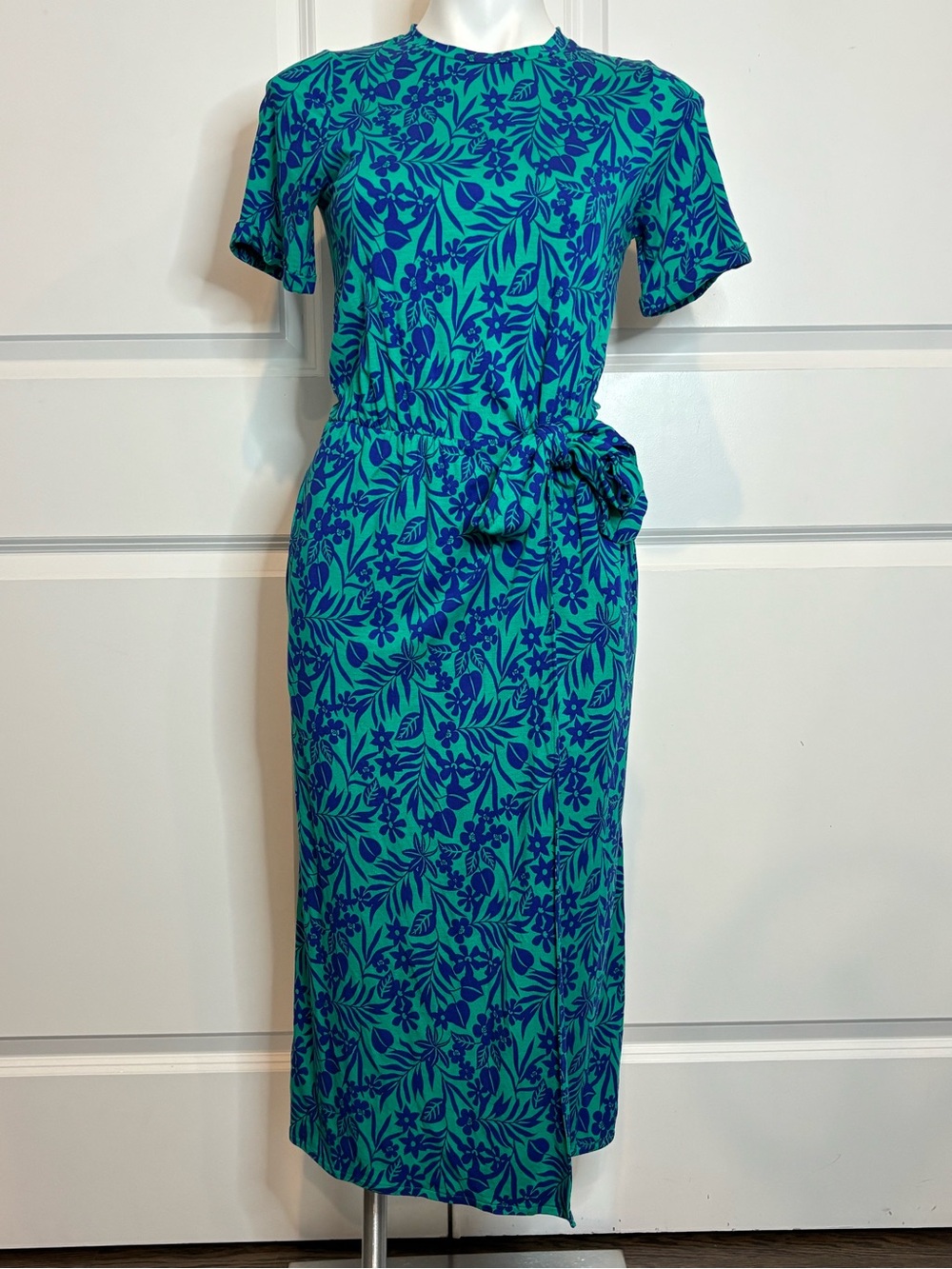 Boden Amanda Green Blue Floral Stretch Jersey Short Sleeve Midi Wrap Dress 4